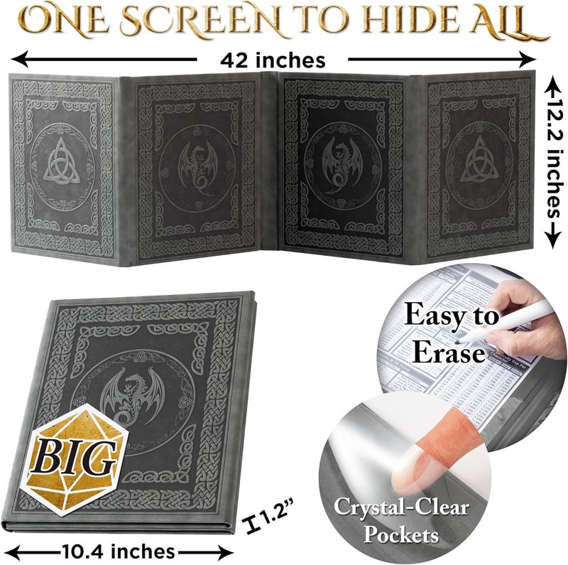 Soar Forge DM Screen for DND with 4 Wider Panels - Crystal Clear GM Pockets - Embossed Faux Leather Dungeon Master Screen with Celtic Knot & Dragon Design for D&D 5e & More - Image 4
